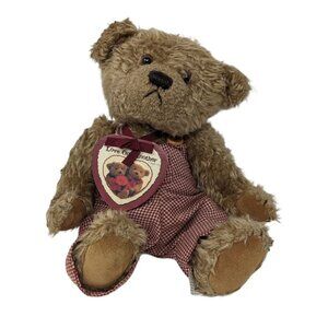 Zondervan 1996 Love One Another Brown Teddy Bear Checkered Red Overalls 10"